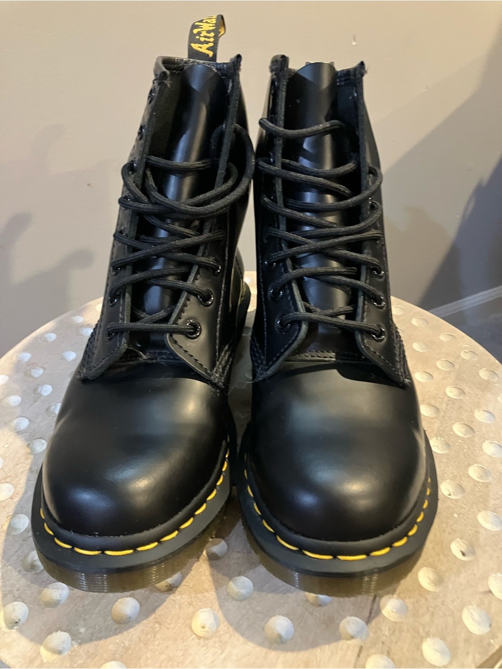 Dr. Martens Women's size 8 Black Leather Lace-Up Boots with Yellow Stitching